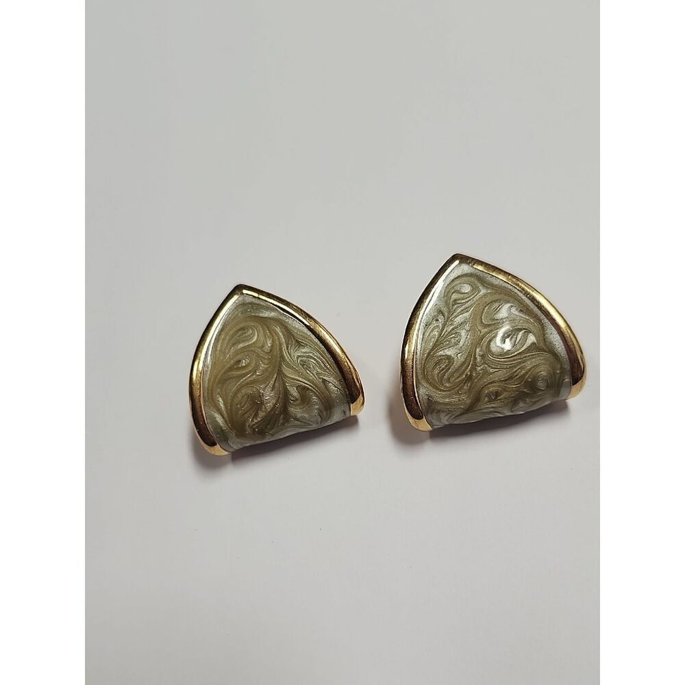 Monet Vintage Swirl Gold Tone Green Enamel Earrings
